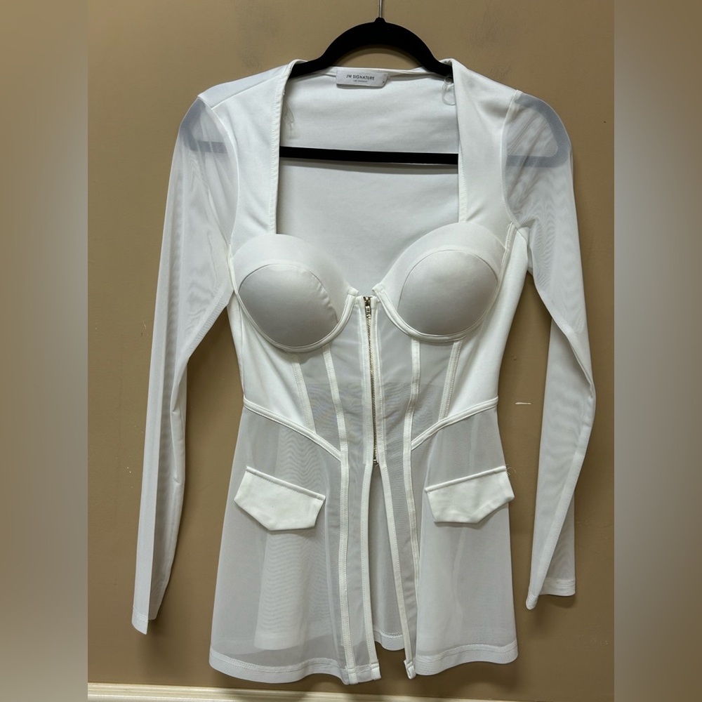 White Long-Sleeve Bustier Blouse with Zip Front